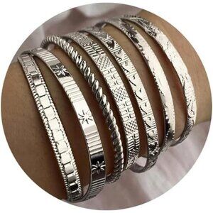 Silver Bangle Multi Layer Cuff Bracelets Set